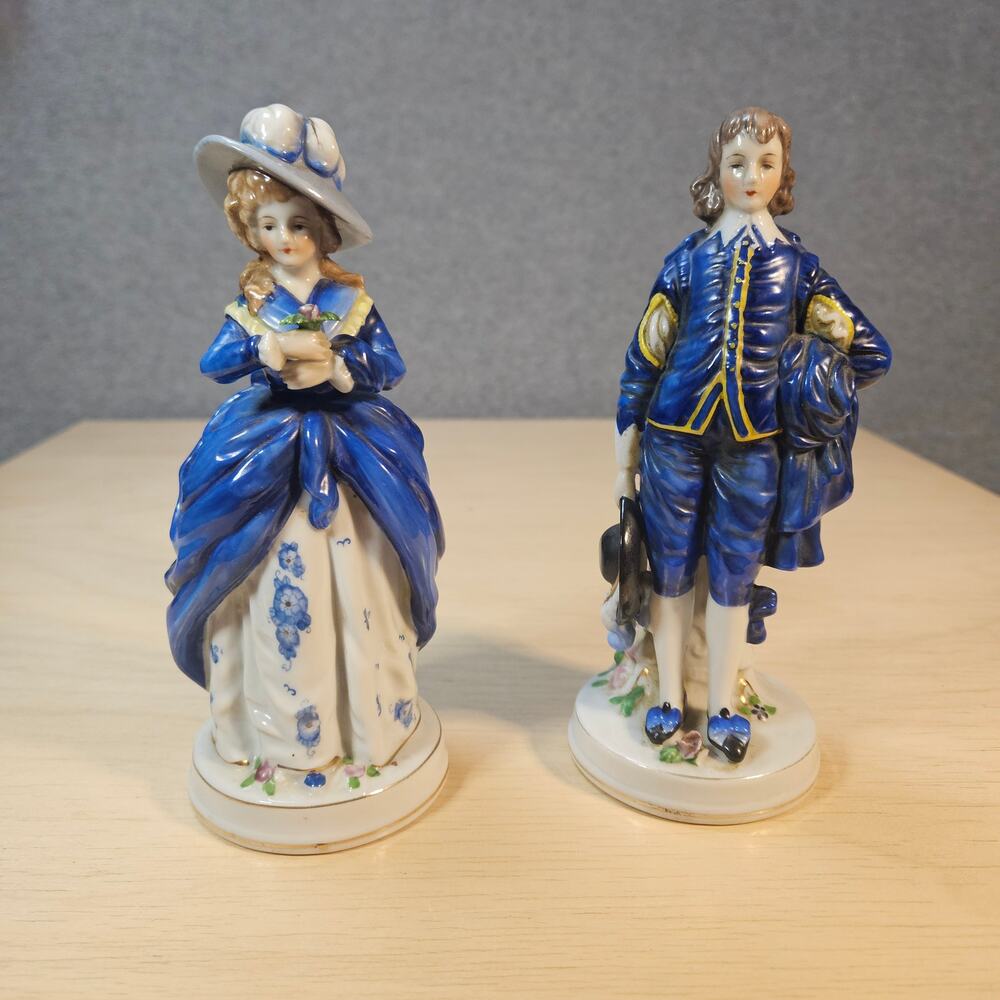 Maruyama Japan Vintage Porcelain Blue Boy & Lady Sheffield Colonial Figurines